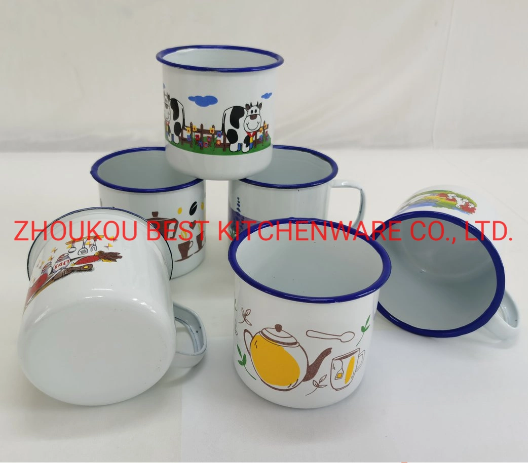 Blue Rim 390ml White Enamelware Mug with Verious Designs Enamel Cup