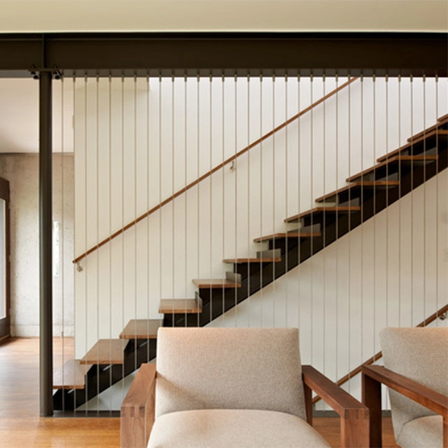 Straight Wood Staircase with Handrail Cable Stainless Steel Balustrade Stair Railing