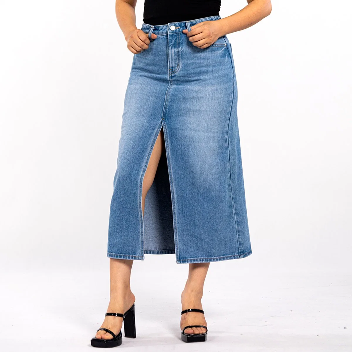 Custom Blue Washed Straight High Waist Split Denim Skirt for Women