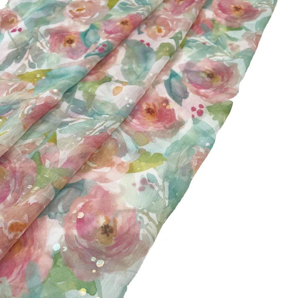 Tissu en lurex métallique tissé en polyester à 100% imprimé en crêpe, tissu en soie imprimé en mousseline pour robe et chemisier, tissu en mousseline de soie perlée