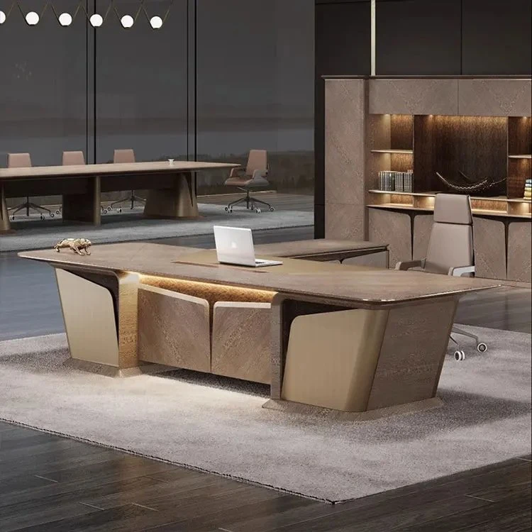 Seja recebido com uma mesa de escritório em forma de L de design moderno em madeira executiva para casa, com um design de madeira moderno para CEO, gerente executivo.