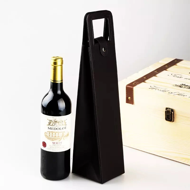 Portable Black Single Wine Carrier Tote Bag Package Reusable PU Leather Packing Bag for Wine