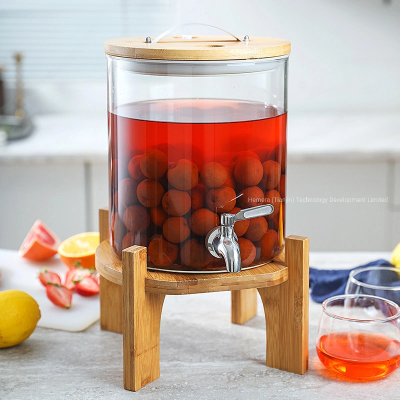 Luxury Heating Water Juice Cola Cold Kettle Coffee & Tea Glass Drink Beverage Dispenser with Wooden Bamboo Tap Set