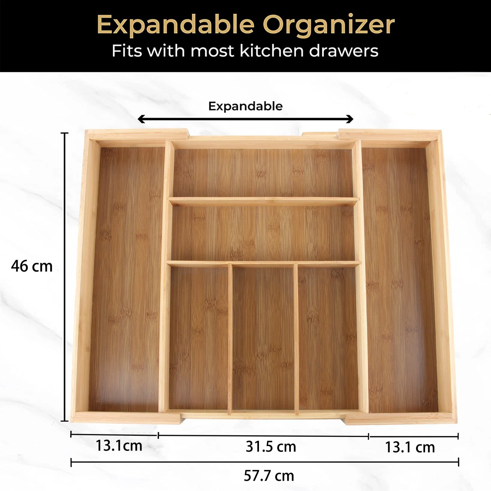Large Expandable Bamboo Cutlery Tray Drawer Utensil Organizer