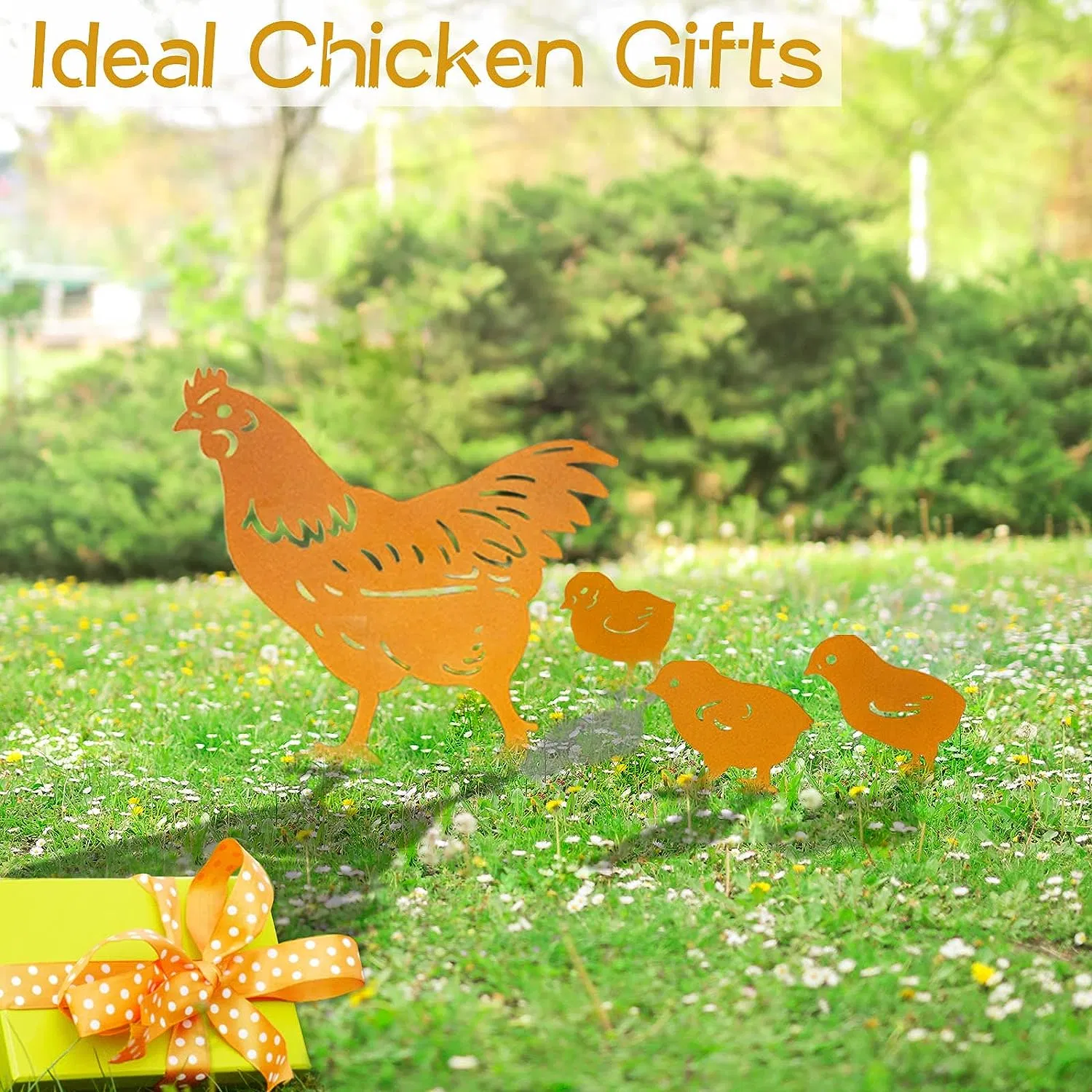 Metal Decorative Garden Stakes - Hen and Chicks Silhouette Statues Idea Chicken Gifts for Garden Decor,