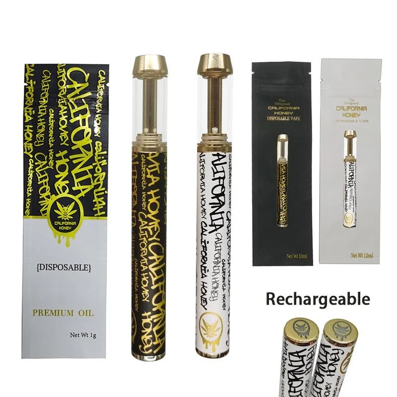 USA Hot Selling California Honey Disposable/Chargeable Vape Pen Empty E Cigarettes 1ml Gold Ceramic Coil Atomizers 400mAh Rechargeable Battery Ecig Thick Oil Cartridges