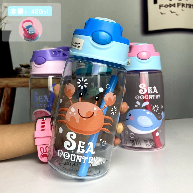 Plastic Kids Water Bottle with Straw Cute Printing Child Drink Kids Water Bottle