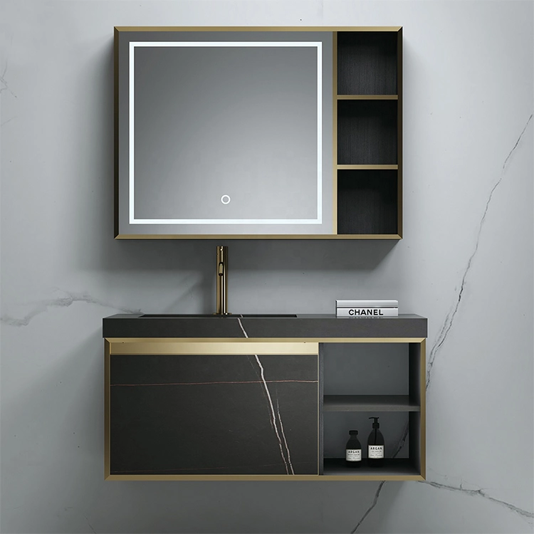 Custom Modern Black and Gold Floating Bathroom Vanity Cabinet Furniture Set Design