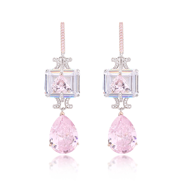Pink Stones Earrings Pear Shape Drop Long Party Earrings for Women