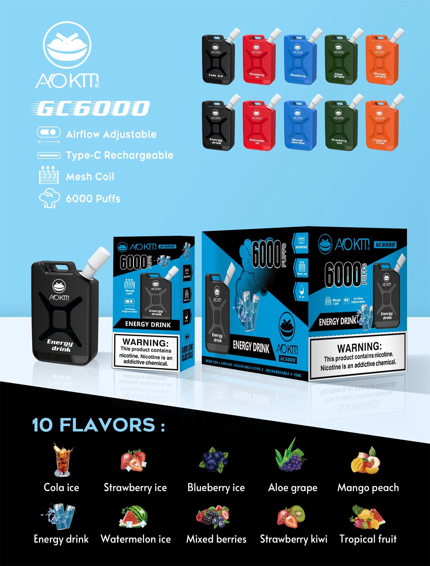 Venda por grosso de cigarros Vape Aokit recarregável GC 6000 puffs e