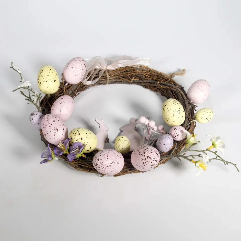 Spring Decor Easter Egg Rattan Wreath with Wood Bunny Mini Rabbit Easter Animal Ornaments Lovely Silk Bow Knot Easter Decoration