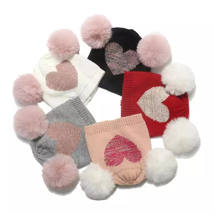 Niños gorro de regalo de Navidad corazón bordado Jacquard invierno punto niños Gorro de bebé con POM POM