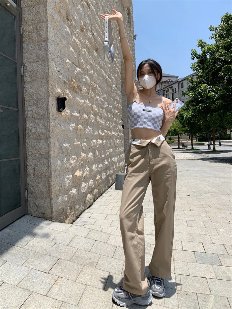 Khaki High Waist Long Loose Wide Chic Trendy Lady Pants Trousers