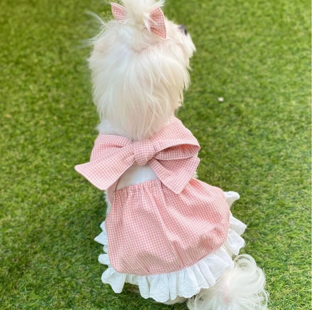 New Summer Pink Princess Plaid Bow Suit Skirt Lace Dog Skirt Pet Dog Clothes