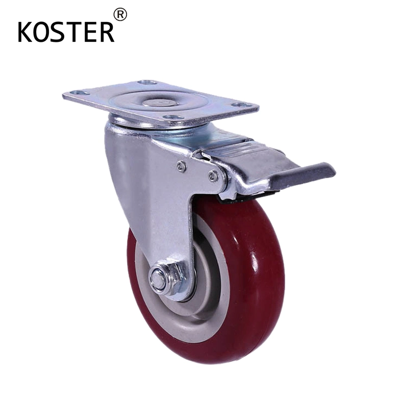 Medium Duty Double Ball Bearing PU Marron 80kg Top Plate Swivel Total Brake 3 Inch Caster Wheel