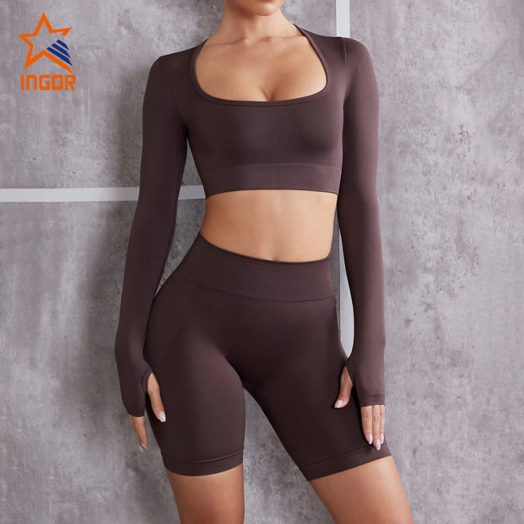 Ingor Sportswear OEM ODM Custom Sports Yoga Top Women Gym Seamless Active Wear Long Sleeve Crop Tee Sports Fitness Gym Wear