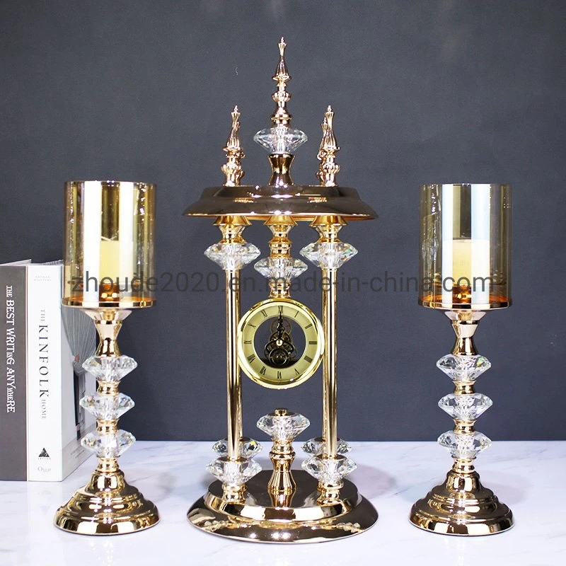 Light Luxury K9 Crystal Pagoda Top Desktop Clock Gold Silver Metal Candle Holder Set for Home Wedding Decor