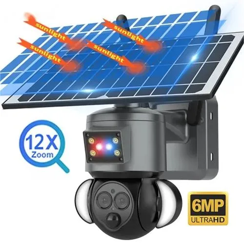 Rede WiFi PIR de vigilância CCTV de lente dupla com zoom 12X no exterior Câmara solar 4G de 6 MP, 6 W.