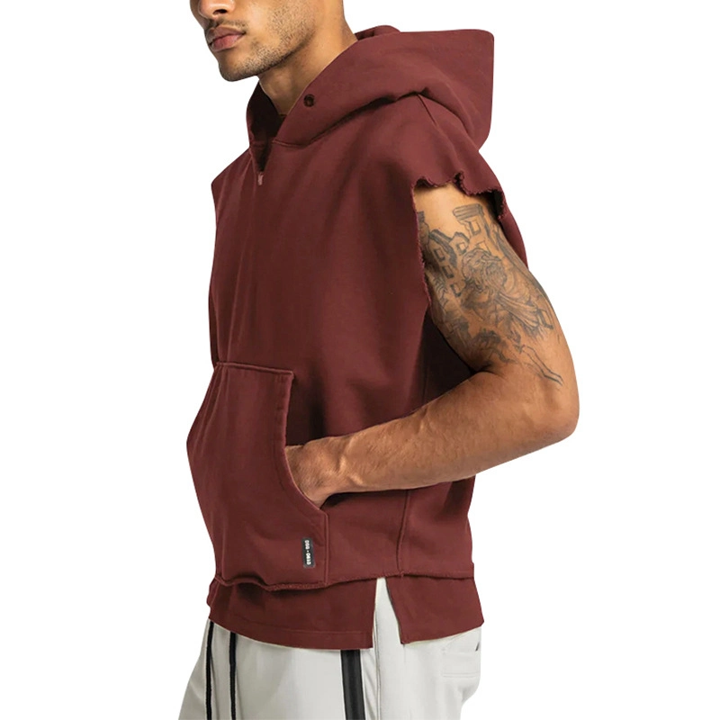 French Terry 70% Baumwolle 30% Polyester Qualität Beste Kurze Stickerei Sleevless Hoodies aus Stoff mit personalisiertem Kordelzug