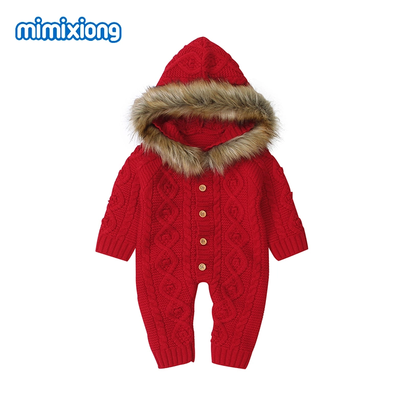 Mimixiong Custom Kleinkind Baby Kleidung Jumpsuit Neugeborene Wolle Schleife Baby Strampler Mit Kapuze Und Strickmuster
