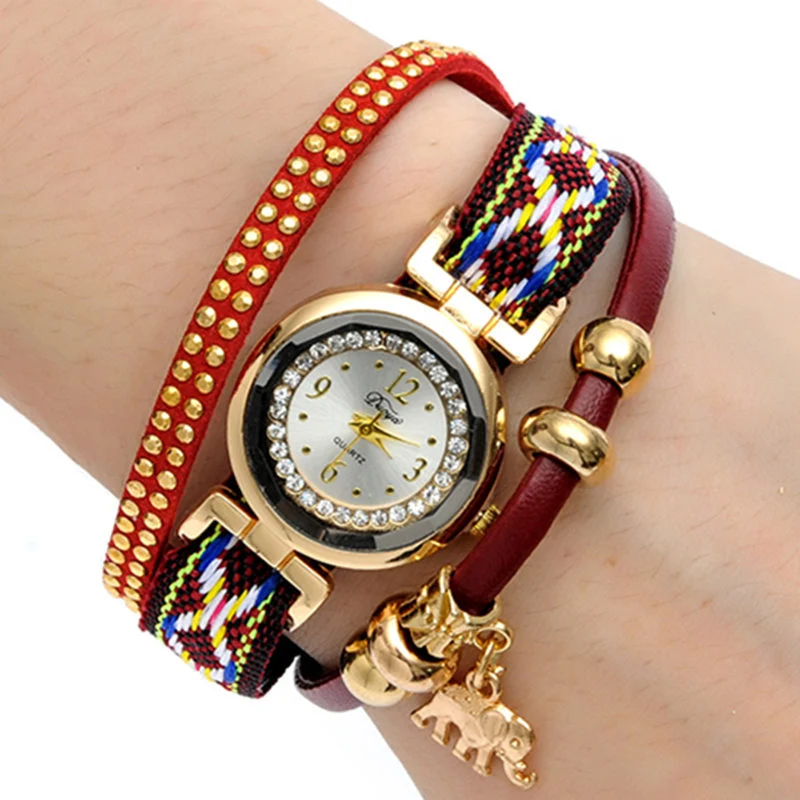 Women Fashion Gold Elephant Pendant Luxury Bracelet Watch Analog Quartz Wrist Watch Esg13645