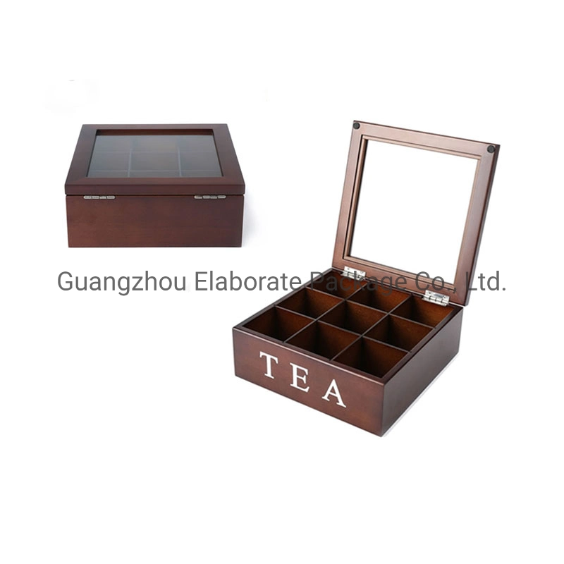 Antique Matte Lacquer MDF Wood Tea Storage Chest Case Box with 9 Compartments and Glass Window Lid