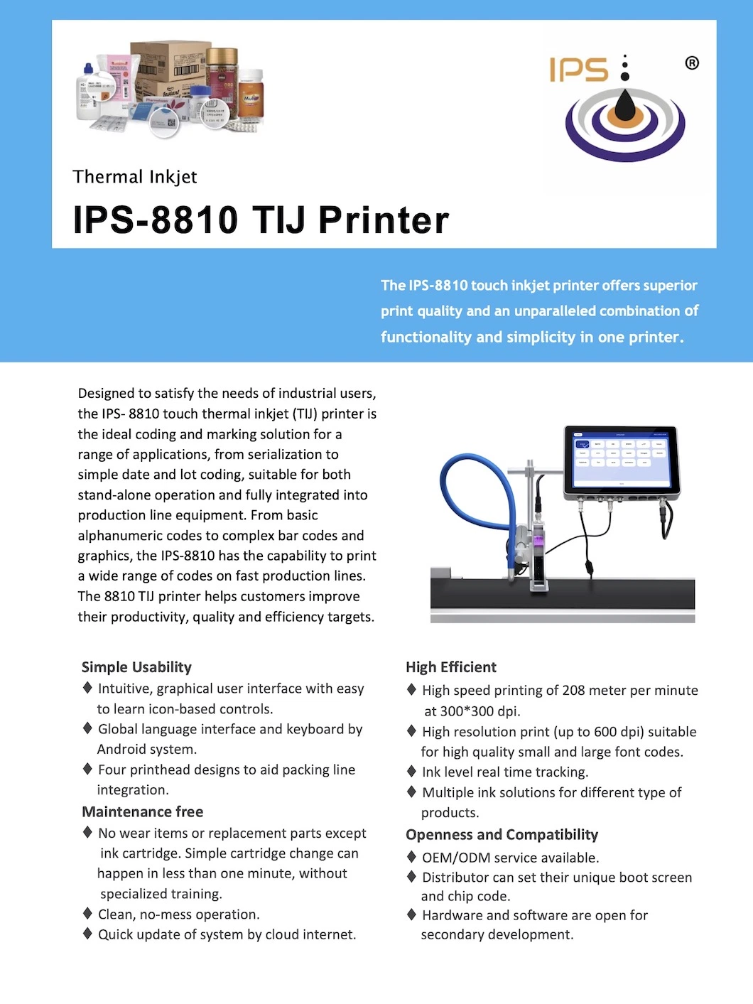 IPS 8840 - 10" de 12,7mm OEM/ODM aplicaciones personalizadas lenguaje Global de la impresora de inyección de tinta térmica