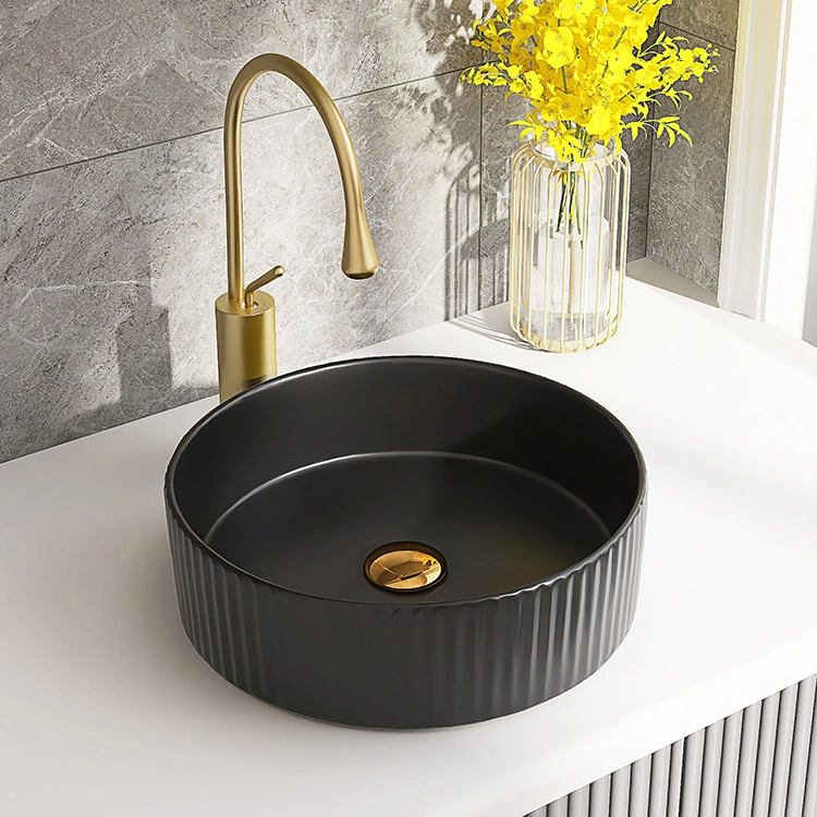 Fluted Countertop Round Matte Black Ceramic Wash Basin Bathroom Sink