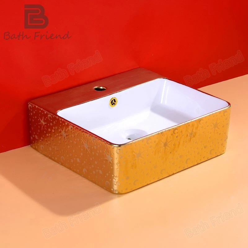 Gold Plating Rectangular White Vessel Sink Ceramic Wash Basin Table Top with Faucet Hole Countertop Basin