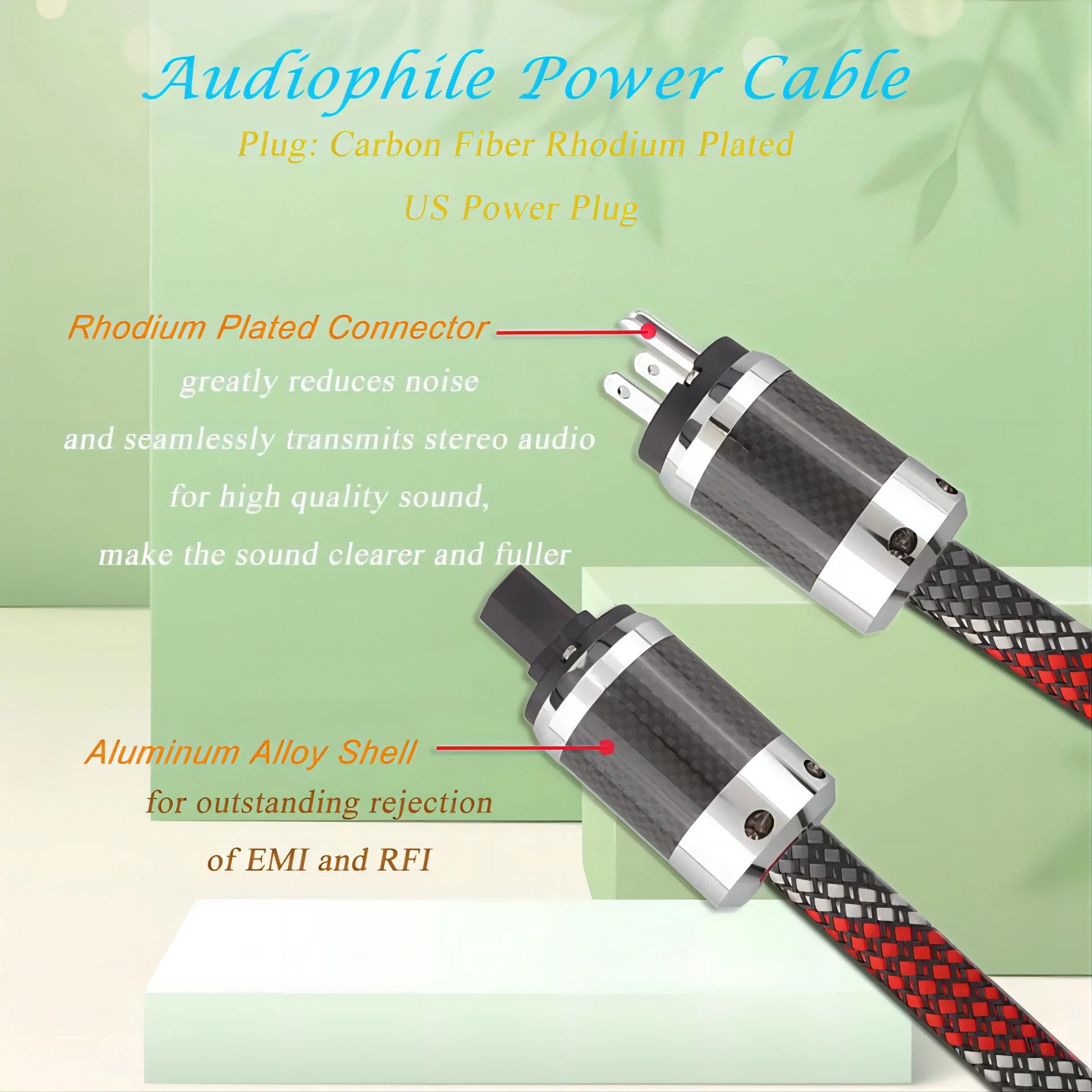 Audiophile Power Cable 5n OFC AC Main Us Power Supply Cable with Carbon Fiber Plug IEC320-C15 Female Connector 125V/15A for Speaker