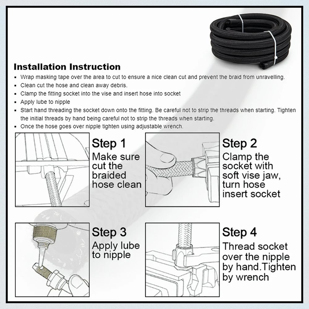 10FT (3meter) 20FT (6meter) An6 An8 An10 Braide Oil Fuel Hose Line Braided Fuel Oil Hose Nylon Braided Stainless Steel Black