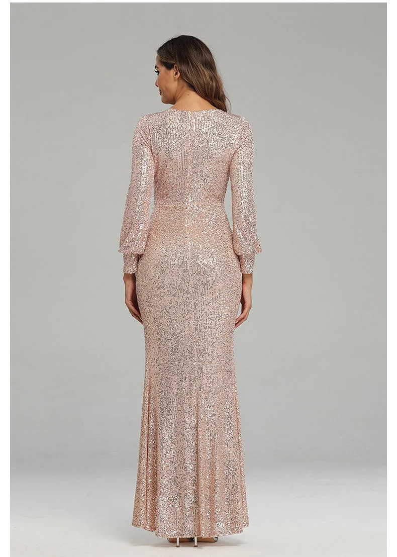 2023 V Neck Long Sleeve Puff Rhinestone Lens Evening Luxury Maxi Dress Elegant Long Party Dress Diamond Sequin Body Dress Grown