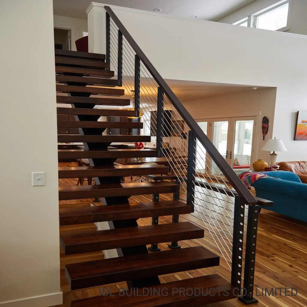 America Style Prefabricated Stainless Steel Floating Wood Stairs with Steel Beam Cost and Solid Wood Steps Indoor Straight Staircase