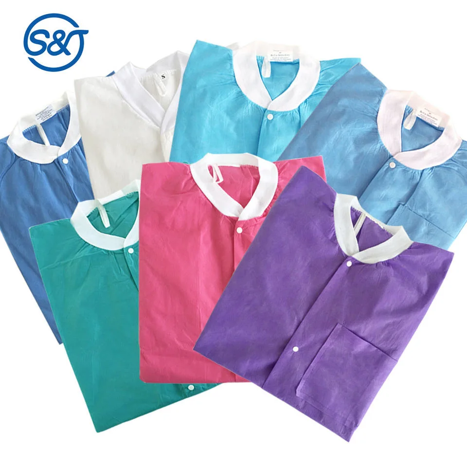 SJ Disposable Clothing Blue Pink SMS Breathable Fluid Resistant Lab Coat with Pockets Knitted Collar and Cuffs