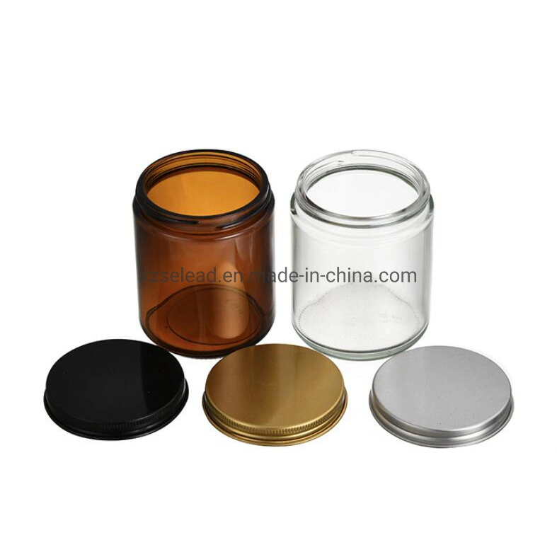 Empty 100ml 250ml 8oz Amber Round Glass Candle Jar Container with Metal Lid 9oz Candle Glass Jar