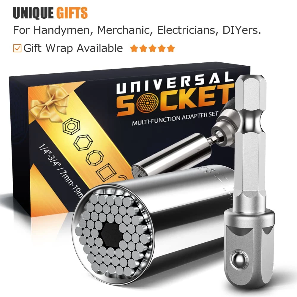 Super Universal Socket Tools Geschenke - Weihnachtsstrumpf Stuffers Sockel Set mit Power Drill Adapter Griff Sockel Cool Gadgets für Männer (7-19mm)