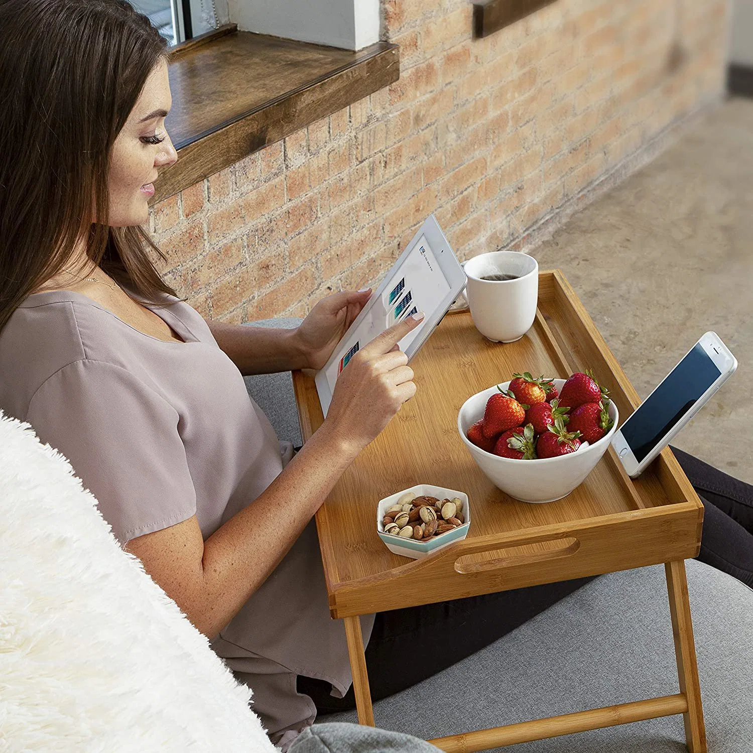 Natural Bamboo Media Bed Folding Tray with Phone Holder Fits up to 17.3 Inch Laptops and Most Tablets