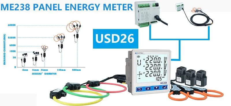 Me238 Single Phase Three Phase Panel Energy Meter Rogowski Coil AC Power Meter Digital Kwh Watt Meter