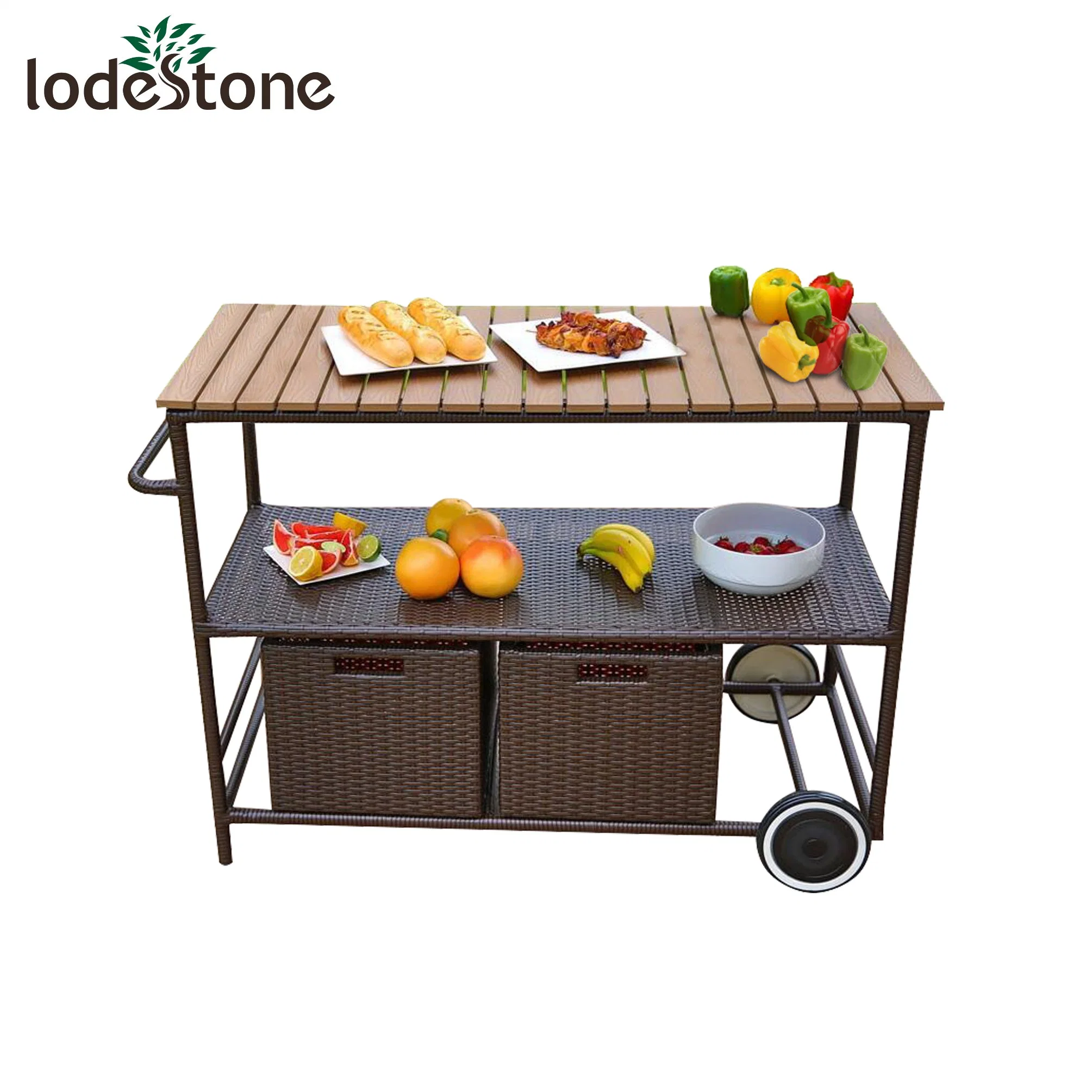 Steel Rattan Garden Trolley Poly Wood Top Outdoor Kitchen Pieces Bar Cart