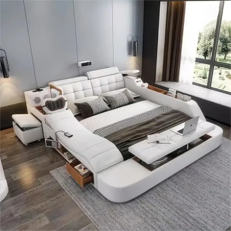 Luxury Leather Smart Bed Multifunctional Bed for Bedroom Furniture Hotel King Size Bed with Storage