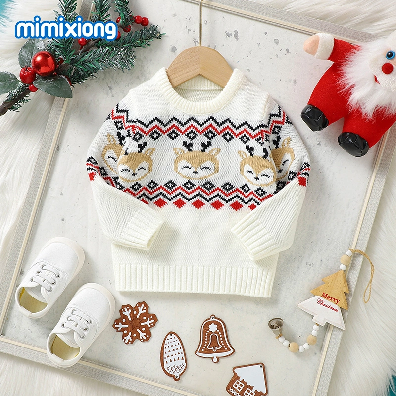 Newborn Long Sleeve Round Neck Deer Jacquard Knitted Pullover Baby Boys Christmas Sweaters