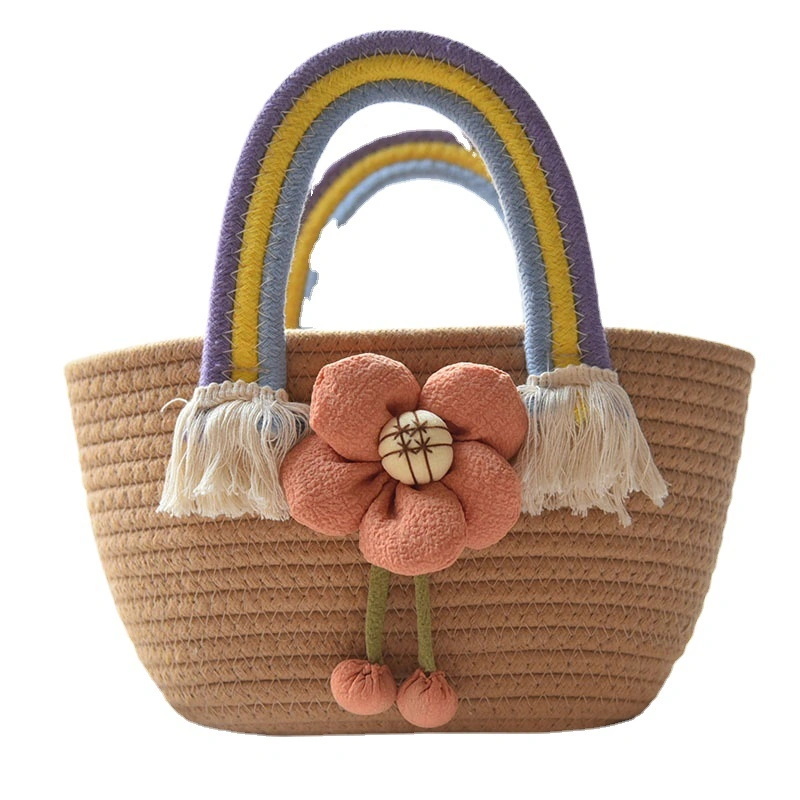 Koreanische Version des Trend Cotton Rope Handtasche Netz Rot Alles Fremd Stil Handtasche Kleine Frische Blume Stroh Geflochten Tasche Regenbogen Griff