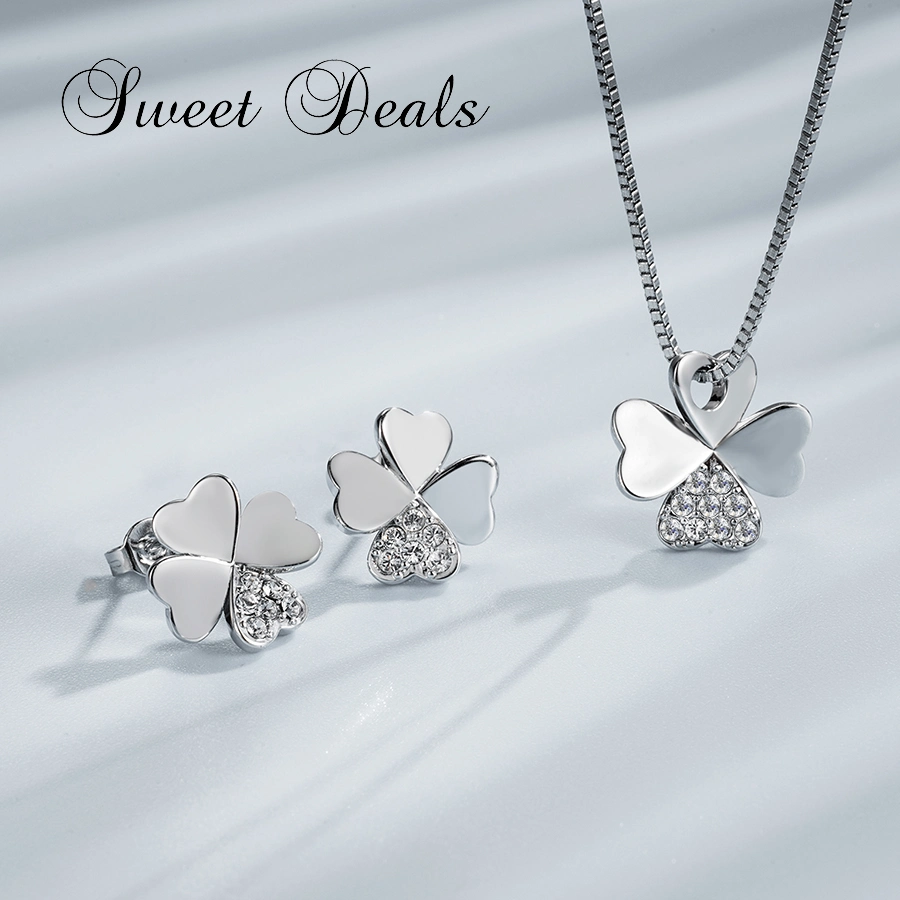 Four Leaf Clover Earrings Necklace Set Fashion Sliver Jewelry