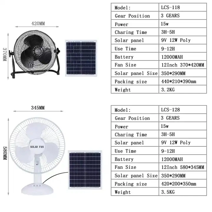 Height Adjustable 16/12inch DC Portable Desktop Stand Rechargeable Panel Solar Fan