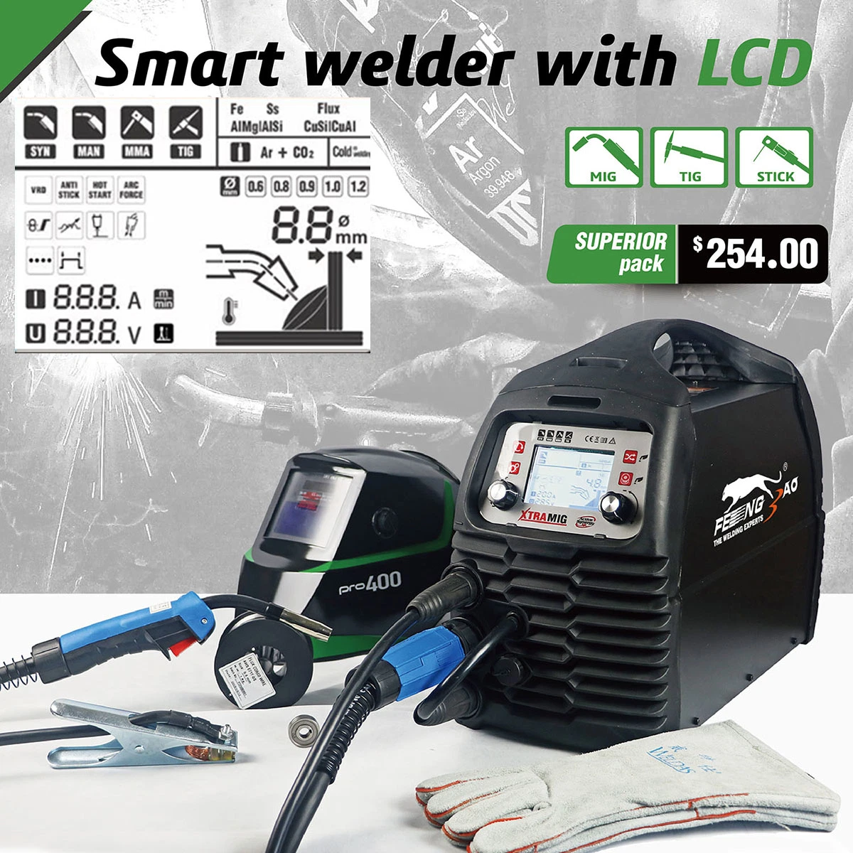 New Smart TIG MMA Mag MIG 4-in-1 200 AMP CO2 Welder Inverter Synergic No Gas Welding Machine with LCD