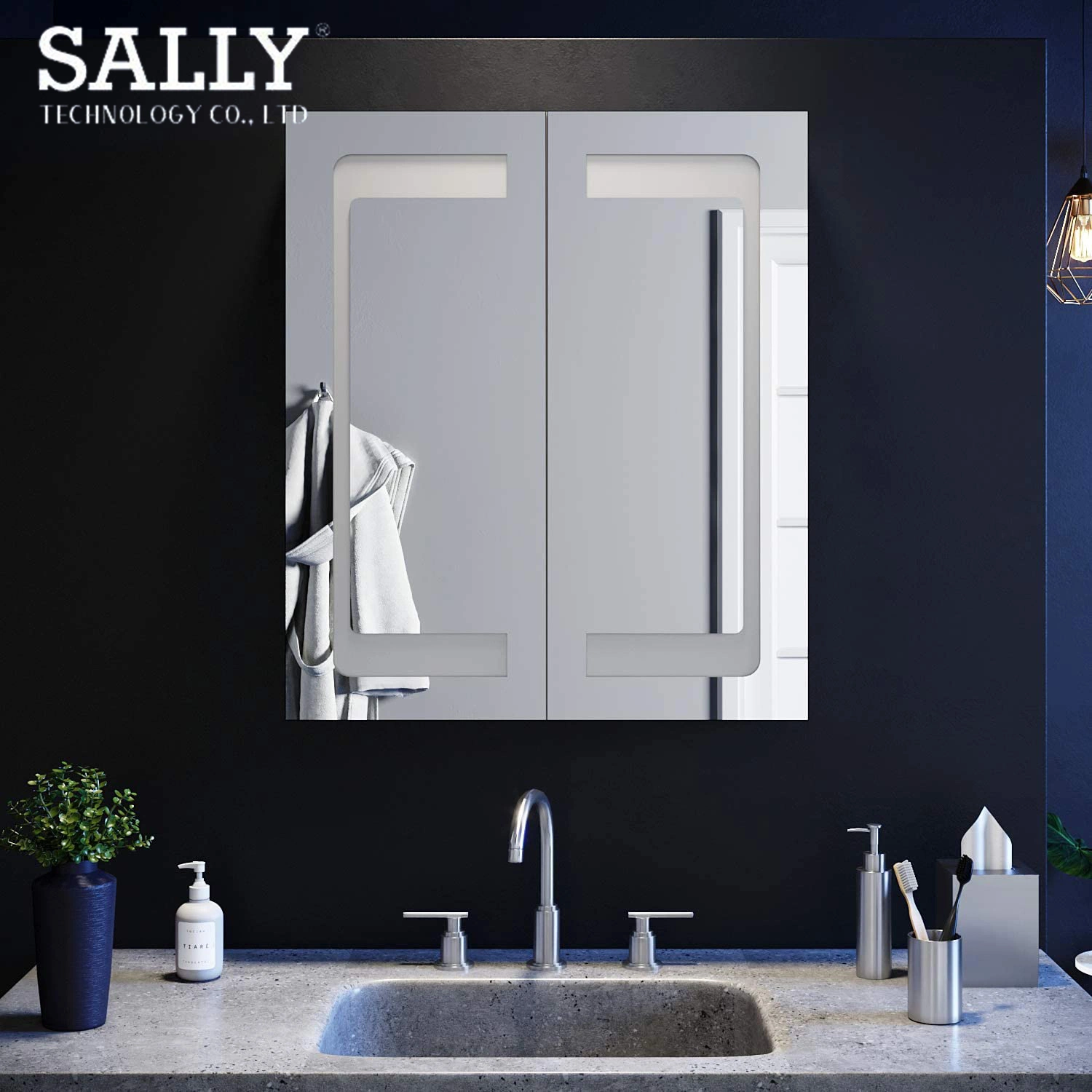 Sally 23x27,5 carré à double porte de la vanité de miroir de salle de bains avec LED du cabinet de médecine de stockage armoire murale avec rétroviseur intérieur