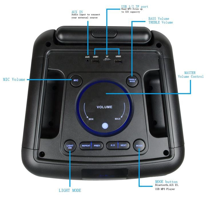 Chariot portable 8 pouces Haut-parleur Bluetooth Mega Bass New Trend Fire Éclairage de la scène hi-Fi active