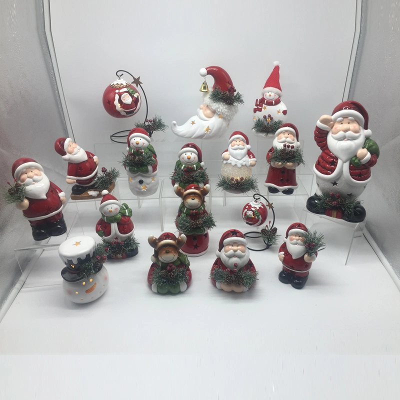 Santa &Snowman Christmas Assortment Lighting Decoration in 2 Colors, Ceramic Festival Crafts with Berry Leaf