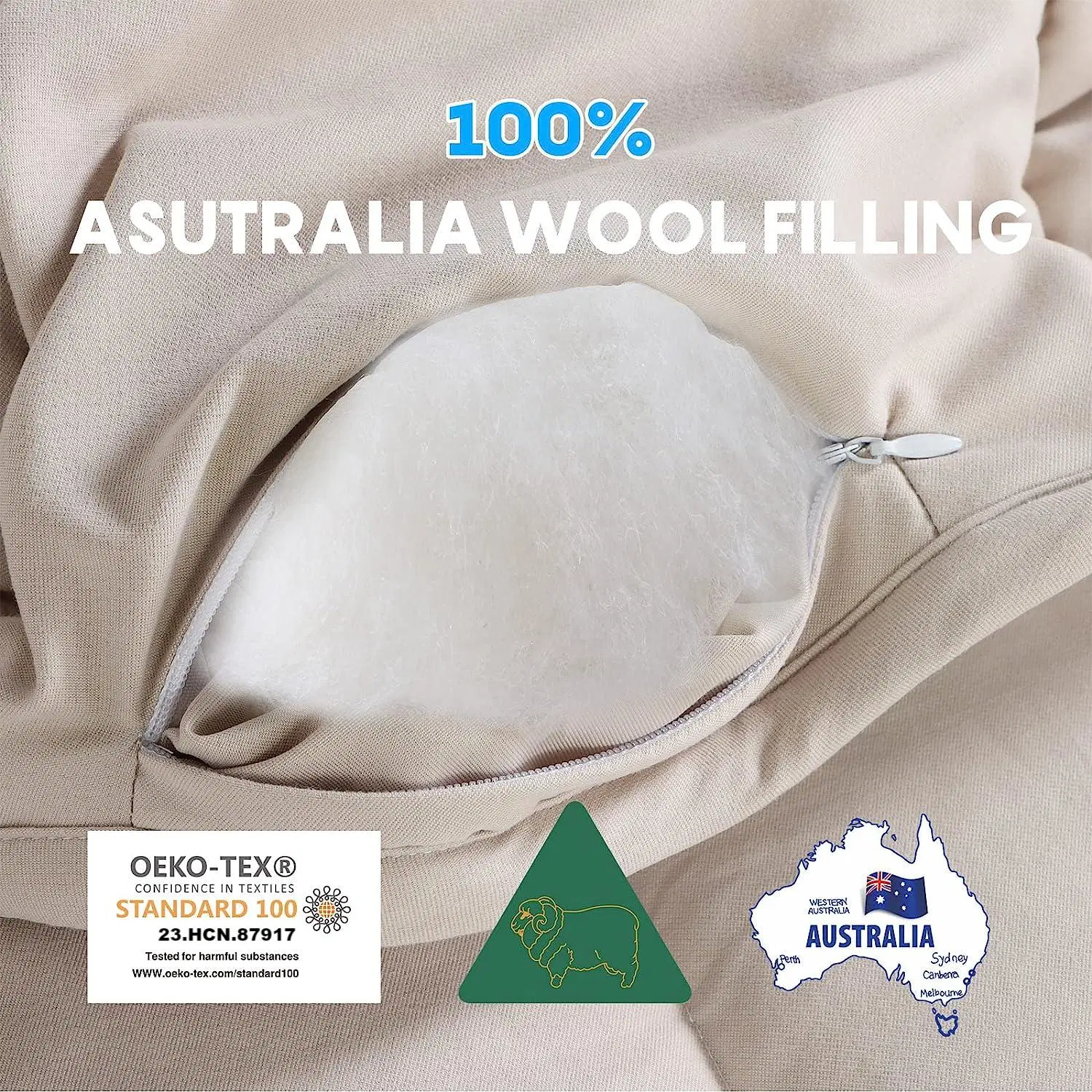 Wool Comforter Twin Size, Excellent Curl Wool Fill Duvet From Australia Temperature Regulation, 100% Natural Wool Quilt Washable (Aprict, 68"X90")