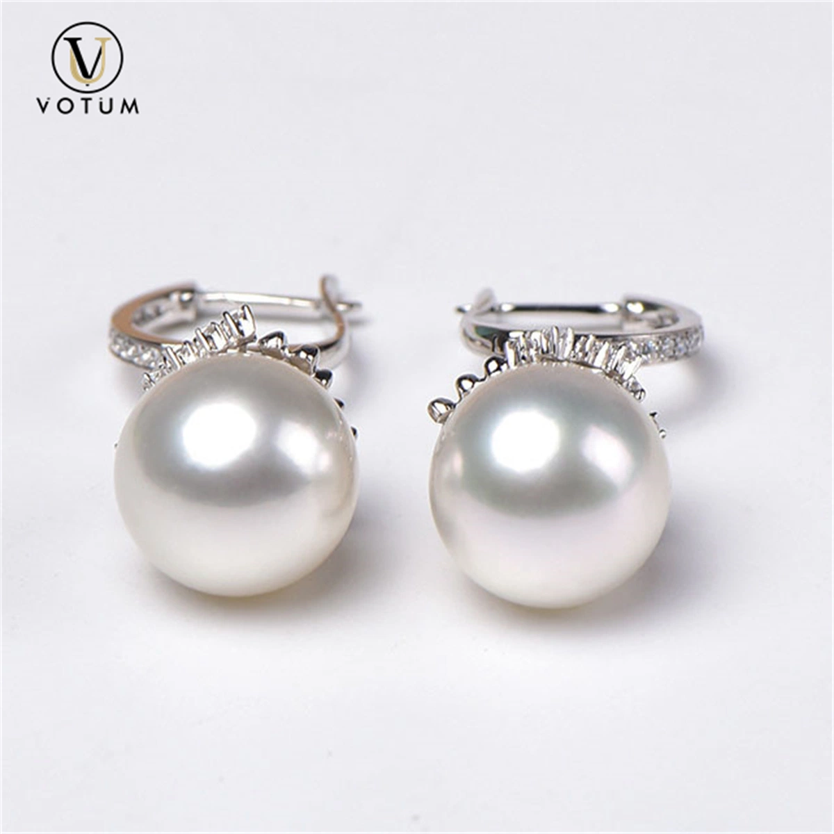 Votum OEM 18K Real Gold Diamonds Custom Seawater Pearl Hoop Eardrop Earring Wedding Jewelry